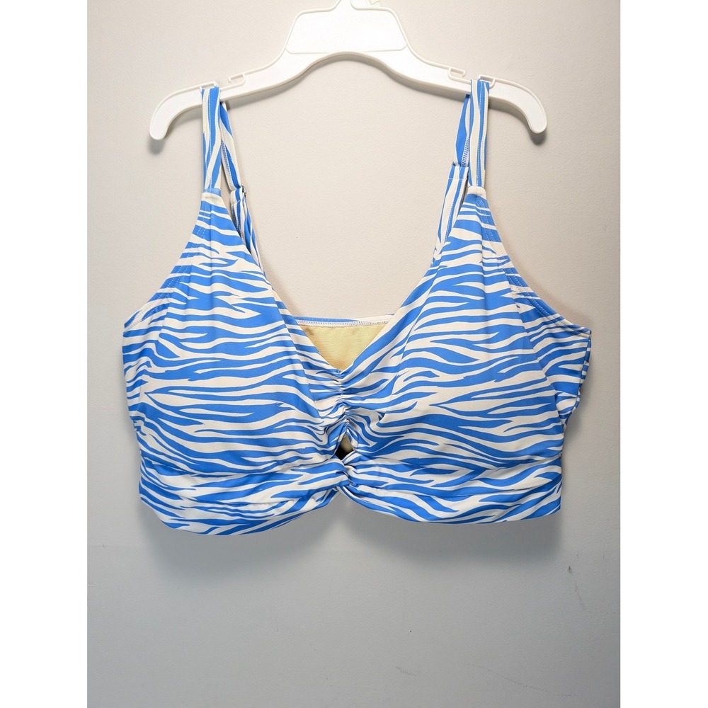 Blue White Zebra Print High Waisted Bikini Set Twist Front Ruched Swimsuit - Picture 2 of 10